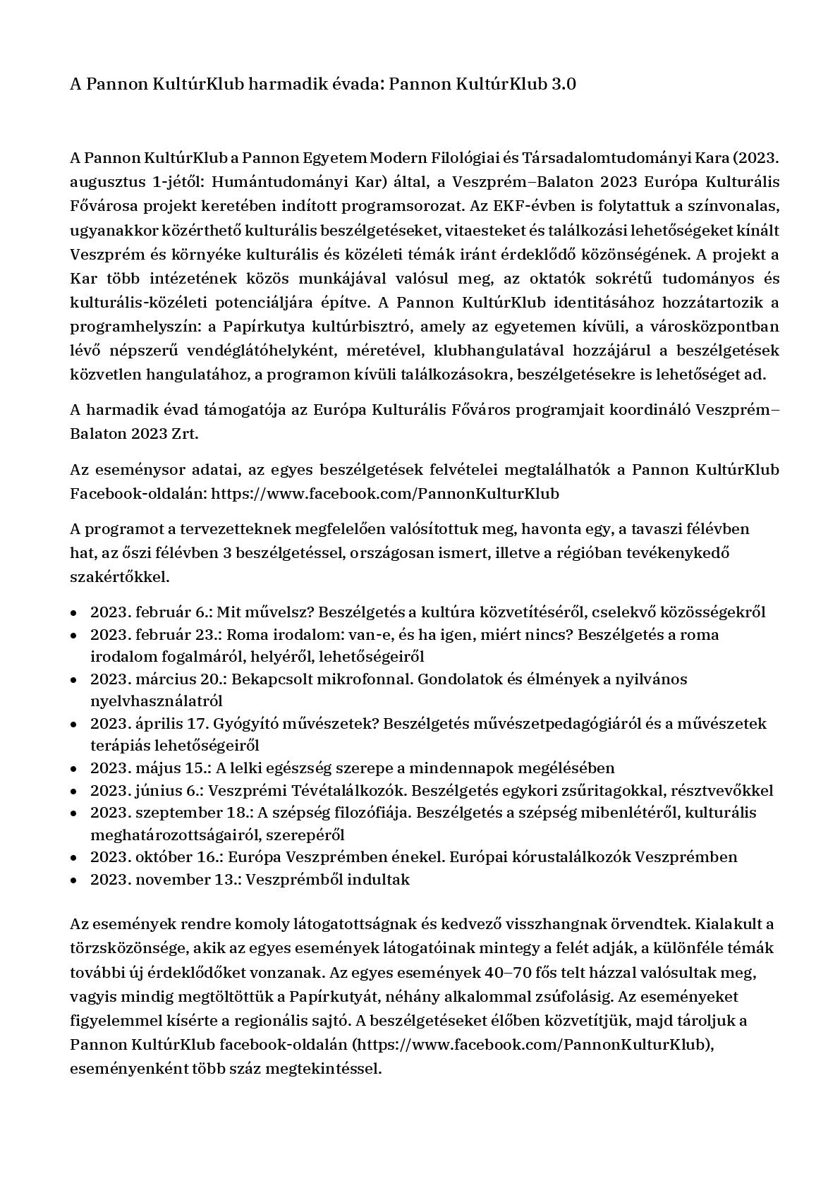 Pannon KultúrKlub 3.0 éves összefoglaló